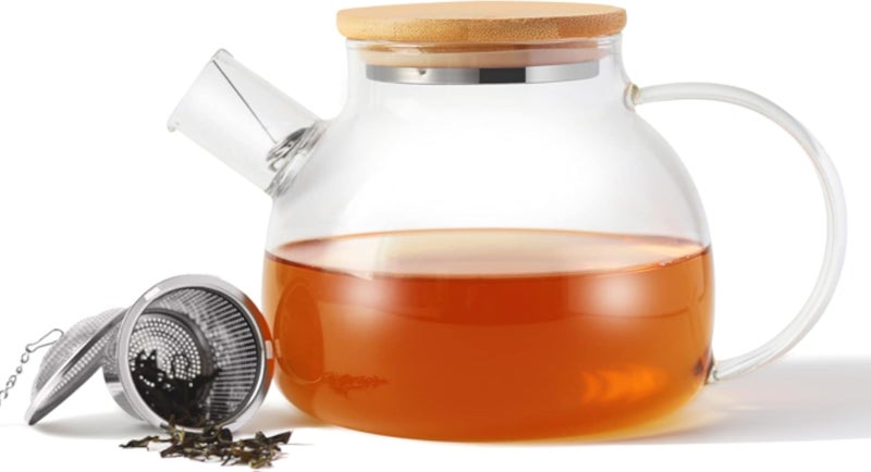 إبريق شاي زجاجي من TMOST مع مصفاة قابلة للإزالة، آمن للاستخدام على الموقد، إبريق شاي أوراق سائبة (1000 مل)